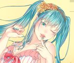  aqua_eyes aqua_hair face flower hair_flower hair_ornament hairband hands hatsune_miku katekari_yuusuke lips long_hair one_eye_closed solo twintails vocaloid 