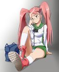  antenna_hair breasts brown_hair glasses highschool_of_the_dead large_breasts legs long_hair panties pantyshot pink_hair ribbon ribonzu school_uniform skirt solo striped striped_panties takagi_saya twintails underwear 