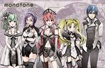  4girls bad_id bad_pixiv_id blonde_hair blue_hair earrings elbow_gloves garter_straps glasses gloves green_eyes green_hair hairband jewelry long_hair multiple_girls naka_nohito original pants purple_eyes purple_hair red_eyes red_hair short_hair smile standing thighhighs twintails yellow_eyes 