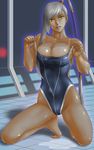  areola_slip areolae barefoot breasts code_geass competition_swimsuit dark_skin head_tilt highres kneeling large_breasts lipstick long_hair makeup one-piece_swimsuit one-piece_tan parted_lips ponytail puddle silver_hair solo strap_slip swimsuit tan tanline toten_(der_fuhrer) villetta_nu water yellow_eyes 