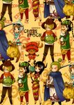  4boys chibi china_dress chinese_clothes cigarette cleavage_cutout cowboy_hat cross_epoch dress earrings goggles goggles_on_head hat horns jewelry katana moneybag multiple_boys multiple_girls nami_(one_piece) nico_robin norita_maaya one_piece pink_hat roronoa_zoro sanji sheriff_badge sword tattoo teapot tony_tony_chopper topknot usopp watch weapon wristwatch 