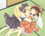  black_hair blonde_hair blush closed_eyes cosplay hair_ribbon hakurei_reimu hakurei_reimu_(cosplay) kirisame_marisa multiple_girls navel ribbon sakeko sarashi sleeping sliding_doors tatami touhou 