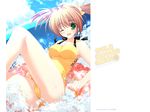  brown_hair cloud day green_eyes halterneck highres innertube mikeou one-piece_swimsuit outdoors ribbon short_hair sky smile_summer_again solo swimsuit wallpaper water 