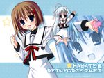  2girls ahoge blue_hair character_name chibi hair_ornament happy hayashi_sakura heart highres lyrical_nanoha mahou_shoujo_lyrical_nanoha_strikers minigirl multiple_girls reinforce_zwei school_uniform seishou_elementary_school_uniform x_hair_ornament yagami_hayate 