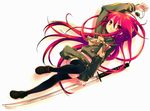  alastor_(shakugan_no_shana) black_legwear itou_noiji jewelry katana long_hair long_sleeves lying official_art pendant red_eyes red_hair school_uniform shakugan_no_shana shana shoes simple_background sword thighhighs very_long_hair weapon zettai_ryouiki 