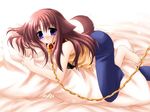  animal_ears barefoot bed blue_eyes brown_hair chain collar denim dog_ears jeans lying miyashiro_karin pants pillow sakurazawa_izumi solo suigetsu 