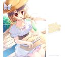  blonde_hair bow copyright_request frills hat highres long_hair mikeou outdoors red_eyes ribbon solo straw_hat 