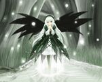  artist_request black_dress black_wings dress forest frills hairband lolita_hairband long_hair long_sleeves looking_at_viewer nature own_hands_together plant red_eyes river rozen_maiden shore silver_hair solo standing standing_on_liquid suigintou tree very_long_hair wading wallpaper water wings 