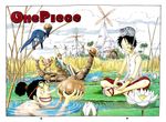  2boys black_hair closed_eyes copyright_name full_body hat highres indian_style lily_pad long_nose monkey_d_luffy multiple_boys nami_(one_piece) oda_eiichirou one_piece pink_hat ponytail sitting sleeping sleeping_upright spread_legs swimming tony_tony_chopper usopp windmill 