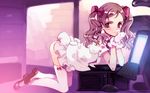  all_fours brown_eyes brown_hair computer copyright_request dress gloves hair_ribbon highres legs long_legs ooyari_ashito ribbon solo thighhighs thighs twintails wallpaper 