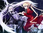  blonde_hair capelet dress floating floating_hair flower frills hairband hinoto holding_hand holding_hands jpeg_artifacts long_hair long_sleeves multiple_girls profile red_dress red_eyes rose rozen_maiden shinku silver_hair suigintou very_long_hair wings 