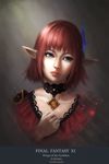  1girl amatchi bad_id bad_pixiv_id blue_eyes blunt_bangs character_name choker collarbone copyright_name dancer_(final_fantasy) dress elf elvaan english_text feather_hair_ornament feathers final_fantasy final_fantasy_xi hair_ornament hand_on_own_chest head_tilt highres jewelry light_rays lilisette looking_at_viewer looking_to_the_side pointy_ears red_dress red_hair short_hair solo upper_body 