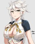  asymmetrical_hair breasts cleavage_cutout cloud_print crop_top eyebrows eyebrows_visible_through_hair hair_between_eyes hair_ornament hand_on_own_chest hayabusa kantai_collection large_breasts light_smile long_hair looking_at_viewer parted_lips short_sleeves silver_hair simple_background solo unryuu_(kantai_collection) upper_body very_long_hair white_background yellow_eyes 