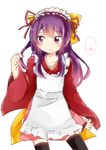  alternate_costume apron commentary_request enmaided highres japanese_clothes kamikaze_(kantai_collection) kantai_collection kimono long_hair maid maid_headdress purple_eyes purple_hair solo spoken_blush thighhighs tosura-ayato 
