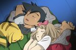  1girl black_hair bow gen_1_pokemon hair_bow hairband kanaria_(dororotree) light_brown_hair pikachu pokemon pokemon_(anime) pokemon_(creature) pokemon_xy_(anime) satoshi_(pokemon) serena_(pokemon) sleeping sleeping_bag tan 