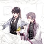  bird black_hair chinese_clothes closed_mouth eyebrows_visible_through_hair gourd grey_hair hair_between_eyes hair_over_shoulder kangetsu_(fhalei) long_hair long_sleeves original parted_lips ponytail purple_eyes red_eyes sitting unfinished vest white_background 