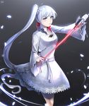  blue_eyes dress earrings high_collar jacket jewelry kkkok_a lace lace-trimmed_skirt left-handed long_hair myrtenaster necklace rwby scar scar_across_eye side_ponytail skirt solo sword very_long_hair weapon weiss_schnee white_hair 