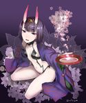  :d alcohol alle_gro arm_at_side bangs breasts cherry_blossoms collarbone cup eyebrows eyebrows_visible_through_hair fate/grand_order fate_(series) floral_background flower from_above full_body gradient gradient_background hair_ornament holding horns japanese_clothes jewelry kimono looking_at_viewer navel off_shoulder oni oni_horns open_clothes open_kimono open_mouth outstretched_arm purple purple_background purple_eyes purple_hair revealing_clothes sakazuki sake short_hair shuten_douji_(fate/grand_order) sitting small_breasts smile solo stomach translation_request twitter_username 