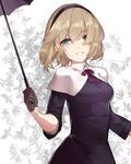  :d alice_margatroid alternate_costume aqua_eyes bangs black_dress black_gloves blonde_hair bow breasts cape dress gloves hair_between_eyes hairband hillly_(maiwetea) holding holding_umbrella looking_at_viewer medium_breasts open_mouth short_hair sleeves_past_elbows smile solo touhou umbrella upper_body white_background 