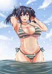  :d alternate_costume ass_visible_through_thighs bare_arms bare_shoulders bikini blue_eyes blue_hair breasts chan_(akuty_ikkot) cleavage hair_between_eyes highres kantai_collection large_breasts looking_at_viewer navel open_mouth short_twintails side-tie_bikini smile solo souryuu_(kantai_collection) stomach striped striped_bikini swimsuit thigh_gap twintails wading water wet wet_clothes 