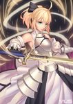  absurdres ahoge aqua_eyes armor artoria_pendragon_(all) bare_shoulders bow breastplate detached_sleeves excalibur fate/stay_night fate/unlimited_codes fate_(series) gauntlets gorget hair_bow highres long_hair long_sword looking_at_viewer ponytail saber saber_lily smile solo sword weapon yus 