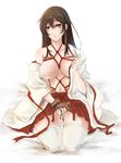  akagi_(kantai_collection) bdsm blush bondage bound breasts brown_hair collarbone crotch_rope embarrassed highres japanese_clothes kantai_collection kneeling large_breasts long_hair nipples open_clothes pleated_skirt pussy_juice sayo_(asahisayo) shibari skirt solo thighhighs 