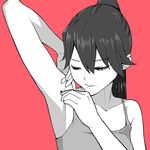  arm_up armpit_hair bangs commentary_request highres houshou_(kantai_collection) kantai_collection long_hair looking_at_hand monochrome ponytail shaving solo spaghetti_strap tank_top tocky tweezers 