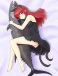  animal_ears ass bare_arms bare_legs bare_shoulders barefoot black_dress breasts cat_ears cat_tail dress extra_ears fish full_body hair_down isaki_(gomi) kaenbyou_rin long_hair looking_at_viewer lying medium_breasts multiple_tails nightgown object_hug on_side puffy_sleeves red_eyes red_hair sleeveless sleeveless_dress solo tail touhou tuna two_tails 