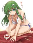  barefoot bikini blush food frog_hair_ornament full_body green_eyes green_hair haagen-dazs hair_ornament hair_tubes ice_cream kochiya_sanae long_hair looking_at_viewer mouth_hold nail_polish simple_background sitting snake_hair_ornament solo spoon sweat swimsuit text_focus touhou tsuyadashi_shuuji white_background 