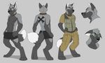  2011 anthro canine clothed clothing collar fur green_eyes grey_background grey_fur hands_on_hips jailbird looking_away male mammal model_sheet simple_background smile solo standing tattoo topless wolf 