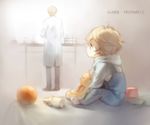  aldnoah.zero aqua_eyes baby_bottle ball beaker blonde_hair bottle building_block child commentary_request facing_away holding holding_stuffed_animal kanmuri_(hanyifan30338) labcoat multiple_boys overalls short_hair sitting slaine_troyard socks stuffed_animal stuffed_toy teddy_bear test_tube test_tube_rack white_legwear 