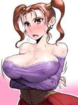  blush breasts cleavage corset dragon_quest dragon_quest_viii dress earrings highres jessica_albert jewelry large_breasts long_hair misonou_hirokichi open_mouth purple_shirt red_hair shirt solo twintails 
