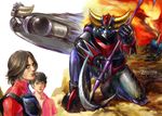  70s blade brown_hair crossover duke_fleed flying gongyoung-seok grendizer holding holding_weapon kabuto_kouji korean looking_afar looking_at_viewer mazinger_z mecha multiple_boys oldschool open_clothes open_shirt pilot_suit realistic red_shirt science_fiction serious shirt sideburns space_craft spoilers ufo_robo_grendizer watermark wavy_hair weapon web_address 