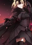  armor armored_dress black_legwear blonde_hair breasts cape embers fate/grand_order fate_(series) fur_trim gauntlets grin headpiece jeanne_d'arc_(alter)_(fate) jeanne_d'arc_(fate)_(all) medium_breasts outstretched_hand skindentation smile solo staff sword thighhighs weapon yellow_eyes yukichi_(mainitiiitenkidana07) 