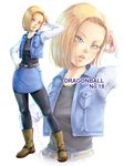  android_18 blonde_hair blue_eyes blue_skirt boots brown_footwear contrapposto copyright_name dragon_ball dragon_ball_z eply full_body hand_in_hair hand_on_hip highres legs_apart lips pantyhose skirt solo standing torn_clothes torn_jacket vest zoom_layer 