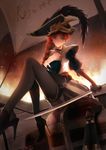  absurdres braid breasts captain_fortune cleavage crossed_legs fakerx hair_over_one_eye hat high_heels highres large_breasts league_of_legends long_hair long_legs pantyhose pirate_hat red_hair saber_(weapon) sarah_fortune single_braid solo sword treasure_chest weapon 