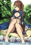  armor bangs barefoot beatrix_(granblue_fantasy) belt black_panties breasts brown_hair cleavage closed_mouth day gauntlets granblue_fantasy grass green_eyes hair_ornament large_breasts long_hair long_sleeves looking_at_viewer midriff navel on_ground outdoors panties plant ponytail rock shade single_gauntlet soaking_feet solo stomach terry_(pixiv3274443) underwear water 