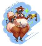  belly belly_expansion belly_inflation big_belly big_breasts breasts brown_fur brown_hair cleavage clothed clothing cosplay curly_q eye_roll eyelashes fur furret gas_mask gun hair high_heels inflation keijimatsu mask nintendo obese overwatch overweight pok&eacute;mon pok&eacute;morph ranged_weapon roadhog_(overwatch) skimpy solo tan_fur thick_thighs video_games weapon weight_gain wide_hips 