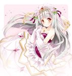  blush brown_eyes cross cross_necklace dress flower gloves hair_flower hair_ornament jewelry long_hair looking_at_viewer mocha_(naturefour) necklace rose rouche_(shironeko_project) shironeko_project silver_hair smile solo sparkle tiara veil white_gloves 
