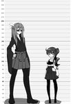  boots getumentour greyscale hair_between_eyes hair_ribbon hakama_skirt height_chart japanese_clothes kaga_(kantai_collection) kantai_collection long_hair long_sleeves looking_at_viewer monochrome multiple_girls muneate pantyhose pleated_skirt ribbon side_ponytail skirt tasuki thigh_boots thighhighs twintails white_ribbon wide_sleeves younger zuikaku_(kantai_collection) 