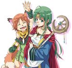  agahari ahoge animal_ears animal_nose arm_warmers beads cape circlet claws collarbone commentary dress fur green_eyes green_hair hair_beads hair_ornament highres jewelry light_smile multiple_girls necklace open_mouth original ponytail shadow smile staff tail 