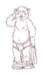  andy_(heyitscousindave) anthro barefoot blush briefs bulge clothed clothing digital_drawing_(artwork) digital_media_(artwork) embarrassed heyitscousindave line_art looking_at_viewer male mammal monochrome pants_down partially_clothed raccoon rubbing_head shirt slightly_chubby solo standing topless underwear 