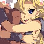  armpits ayla_(chrono_trigger) bandeau blonde_hair blue_eyes blush boned_meat breasts caveman chrono_trigger curly_hair enoo food fur_trim long_hair lowres meat medium_breasts object_hug oekaki open_mouth simple_background smile solo tsurime white_background wrist_cuffs 