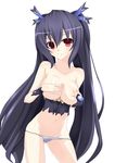  absurdres bare_shoulders black_hair blush breast_hold breasts cleavage covering covering_breasts hair_ornament highres long_hair looking_at_viewer mekako navel neptune_(series) noire panties red_eyes ribbon solo topless torn_clothes twintails underwear 