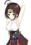  ahoge armor armpits blush breasts brown_hair choker forehead_protector koutetsujou_no_kabaneri medium_breasts mumei_(kabaneri) red_eyes short_hair sideboob simple_background sky_(freedom) solo 