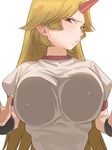  against_fourth_wall amino_(tn7135) bad_id bad_pixiv_id blonde_hair breast_press breasts covered_nipples horn hoshiguma_yuugi large_breasts long_hair looking_at_viewer pointy_ears profile puffy_sleeves red_eyes shirt short_sleeves simple_background solo touhou upper_body white_background 