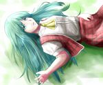  ao-shiba checkered checkered_skirt checkered_vest green_eyes green_hair kazami_yuuka kazami_yuuka_(pc-98) long_hair lying on_back open_mouth skirt solo touhou touhou_(pc-98) vest 