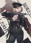  absurdres bad_id bad_pixiv_id belt black_lipstick blonde_hair blue_eyes breasts cleavage contrapposto corset cowboy_shot gloves gun highres holster jn3 large_breasts lipstick makeup mouth_hold original pale_skin short_hair solo_focus standing submachine_gun thigh_strap translation_request weapon 