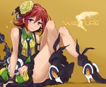  blue_eyes flower hair_flower hair_ornament idol kaname_buccaneer macross macross_delta necktie purin_(purin0) red_hair short_hair sitting sleeveless smile solo walkure_(macross_delta) 