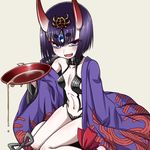 alcohol breasts cup fangs fate/grand_order fate_(series) hanya_(hanya_yashiki) horns japanese_clothes lowres oni oni_horns open_mouth pale_skin purple_eyes purple_hair sakazuki sake short_hair shuten_douji_(fate/grand_order) simple_background small_breasts smile solo 